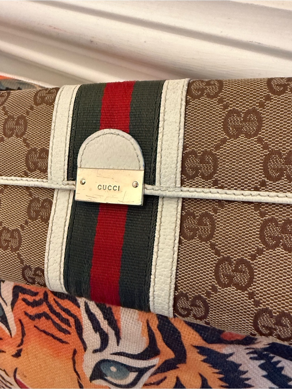Gucci Monogram Brown GG Canvas Continental Wallet with Red & Green Stripe